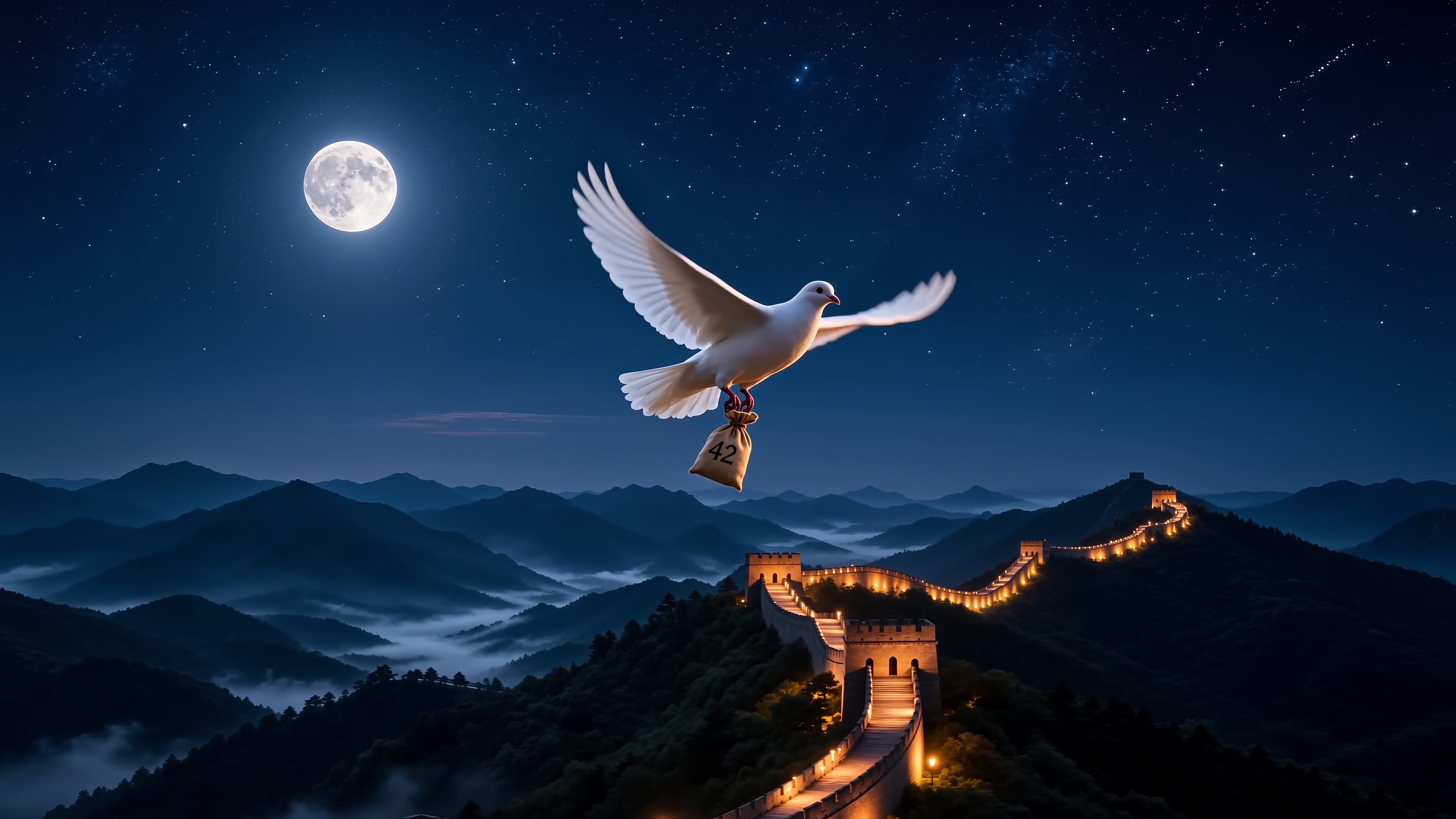 A white messenger pigeon carries the number 42 above the lantern-lit Great Wall, beneath a moonlit blue sky.