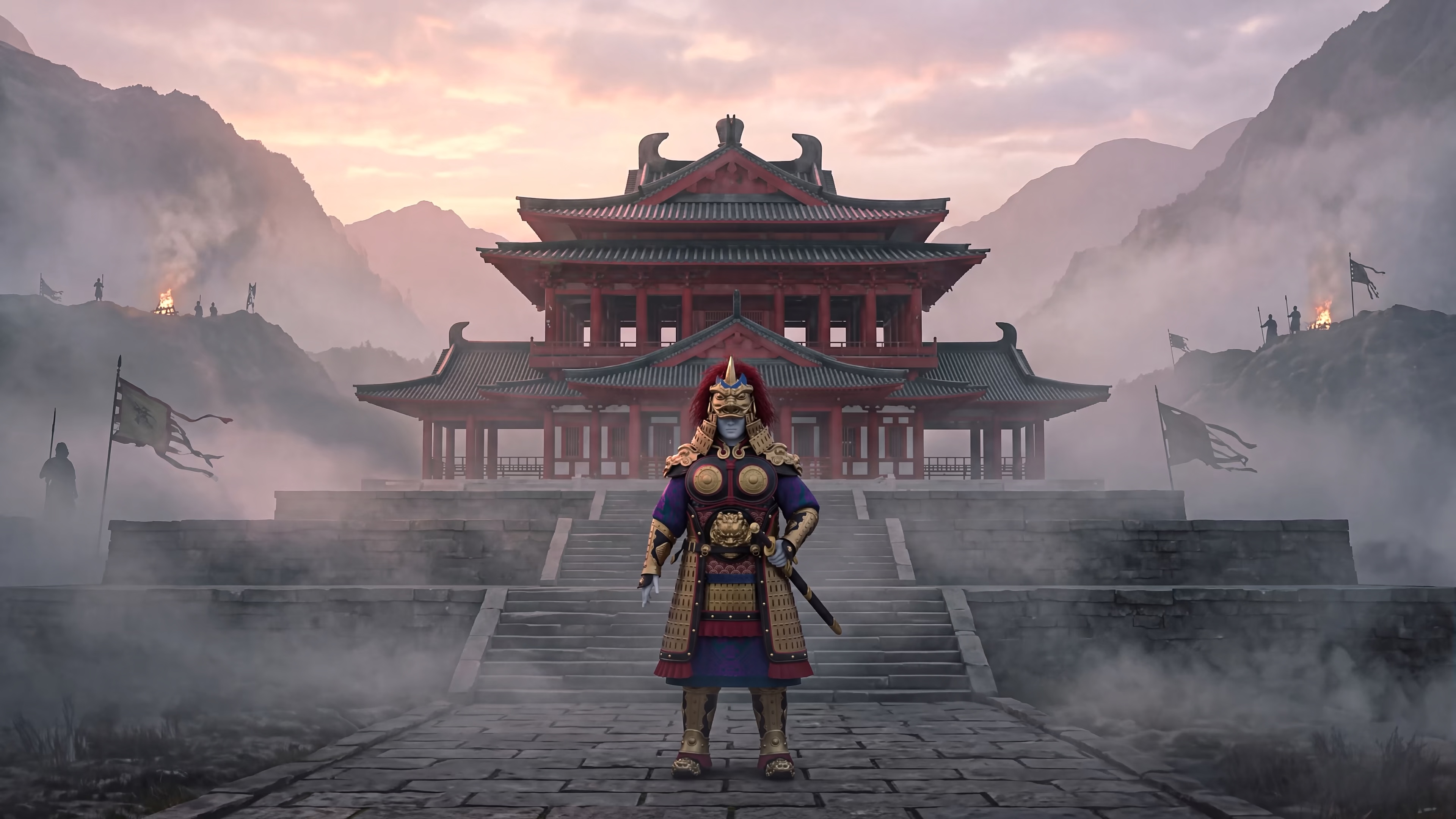 An armored strategist faces the viewer before a red temple in misty mountains at dawn.